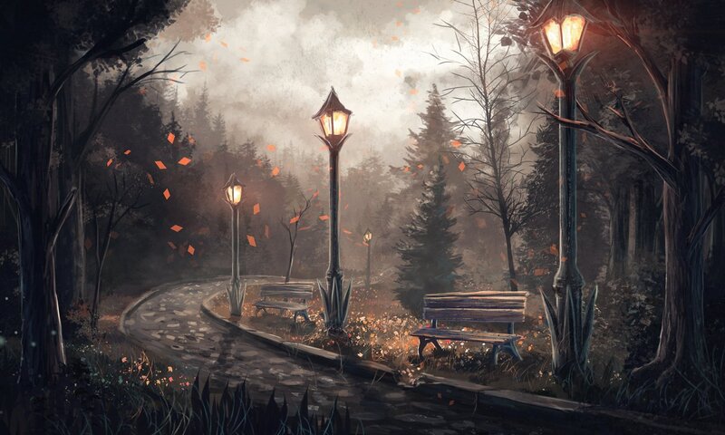 Park Path with Benches — Brown
