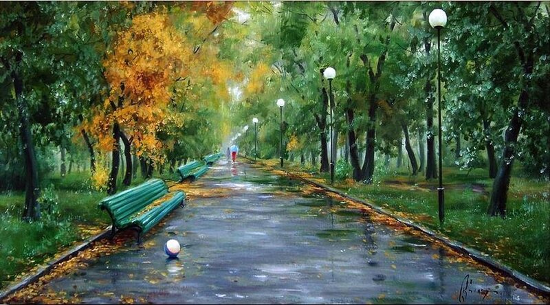 Park Path with Benches — Green, Serene