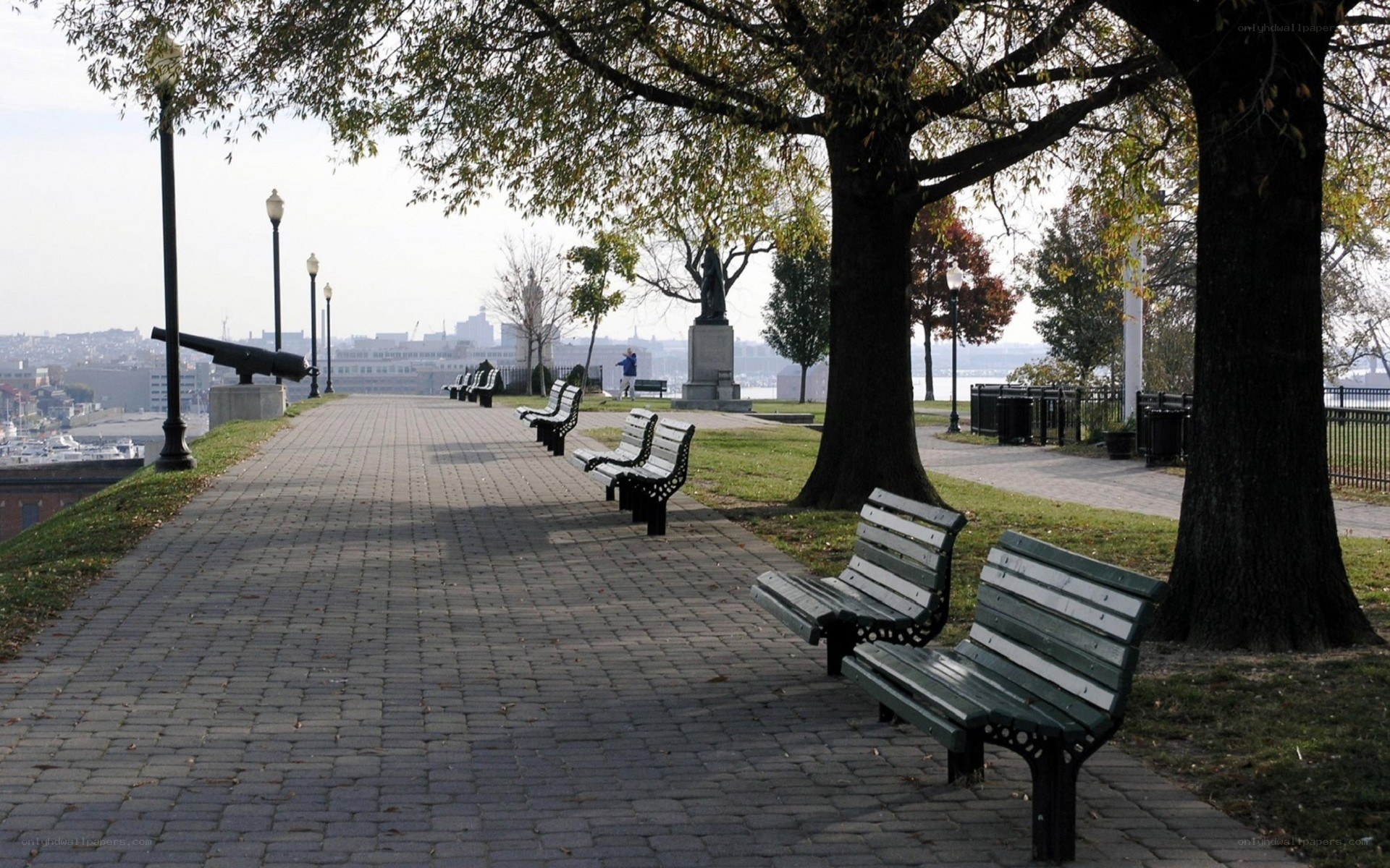 Park path with cannons and benches