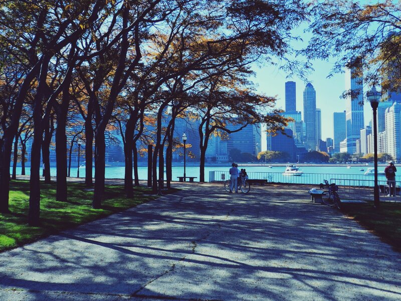 Park path with city skyline