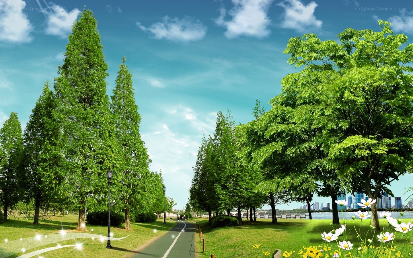 Park path with trees and city view