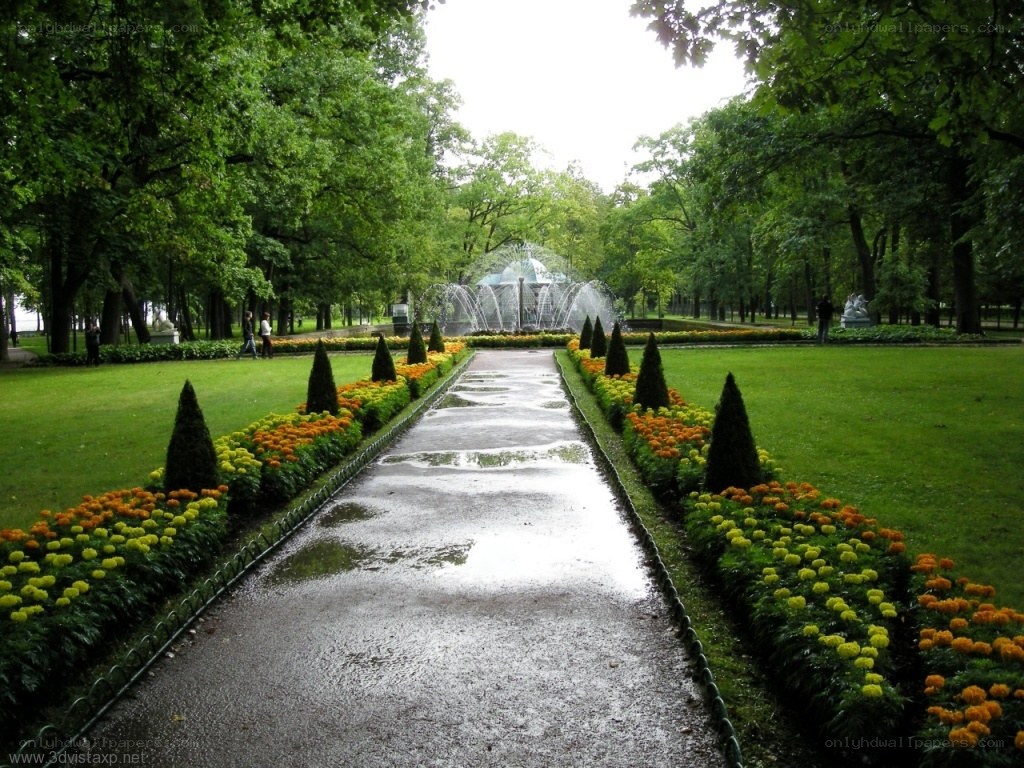 Park pathway with fountain