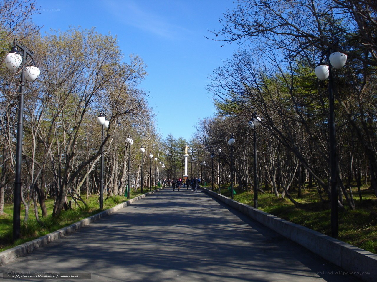 Park pathway with monument
