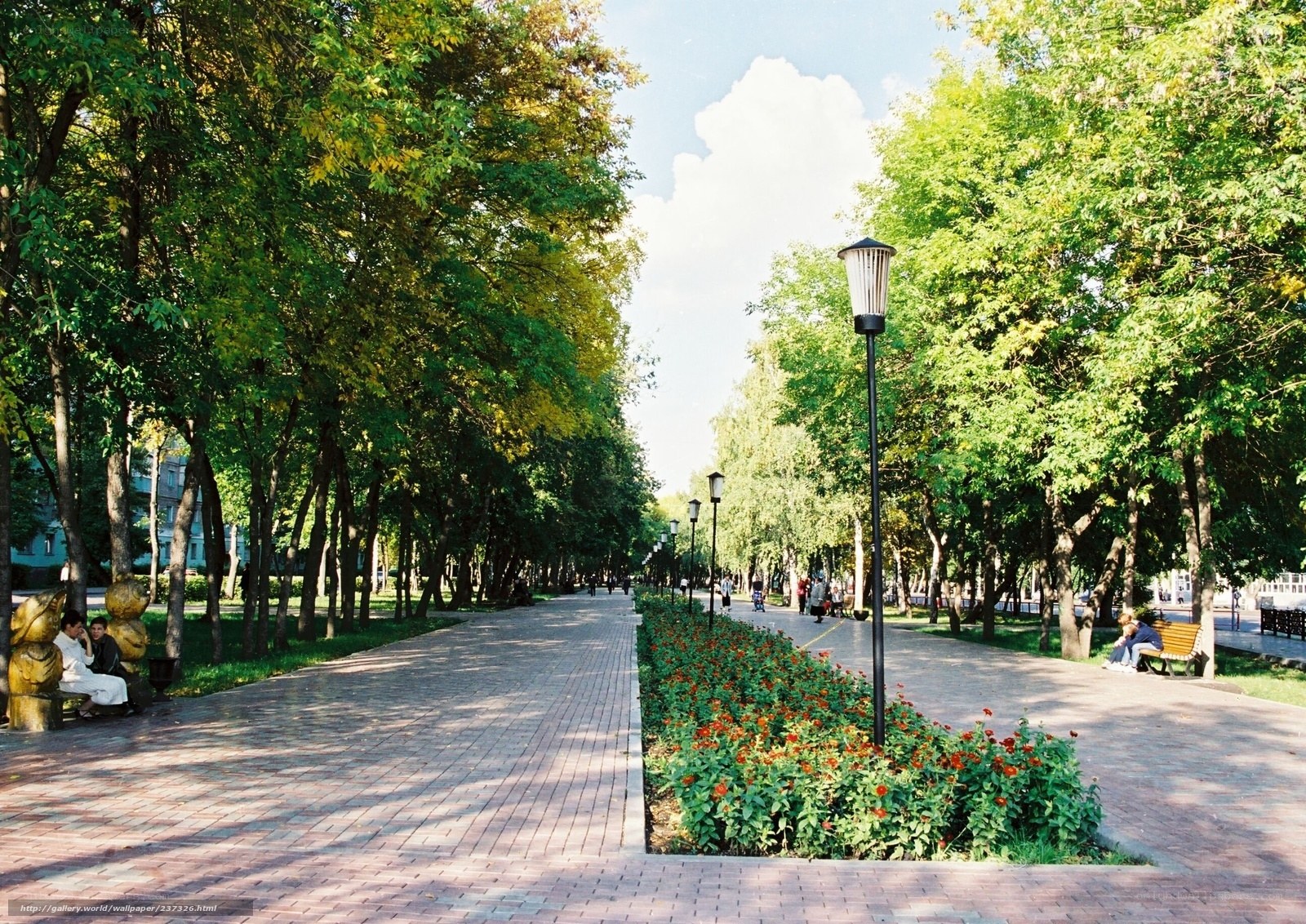 Park pathway with trees and flowers