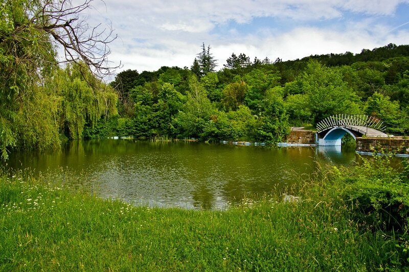 Park pond with arched bridge