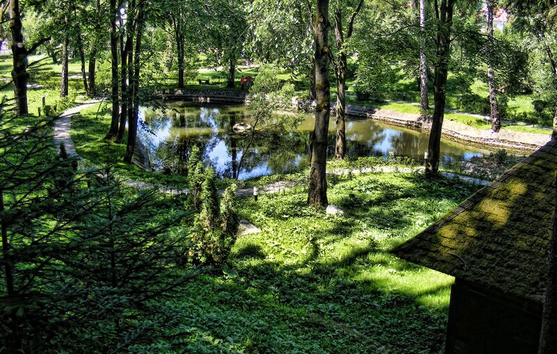 Park pond with mossy roof
