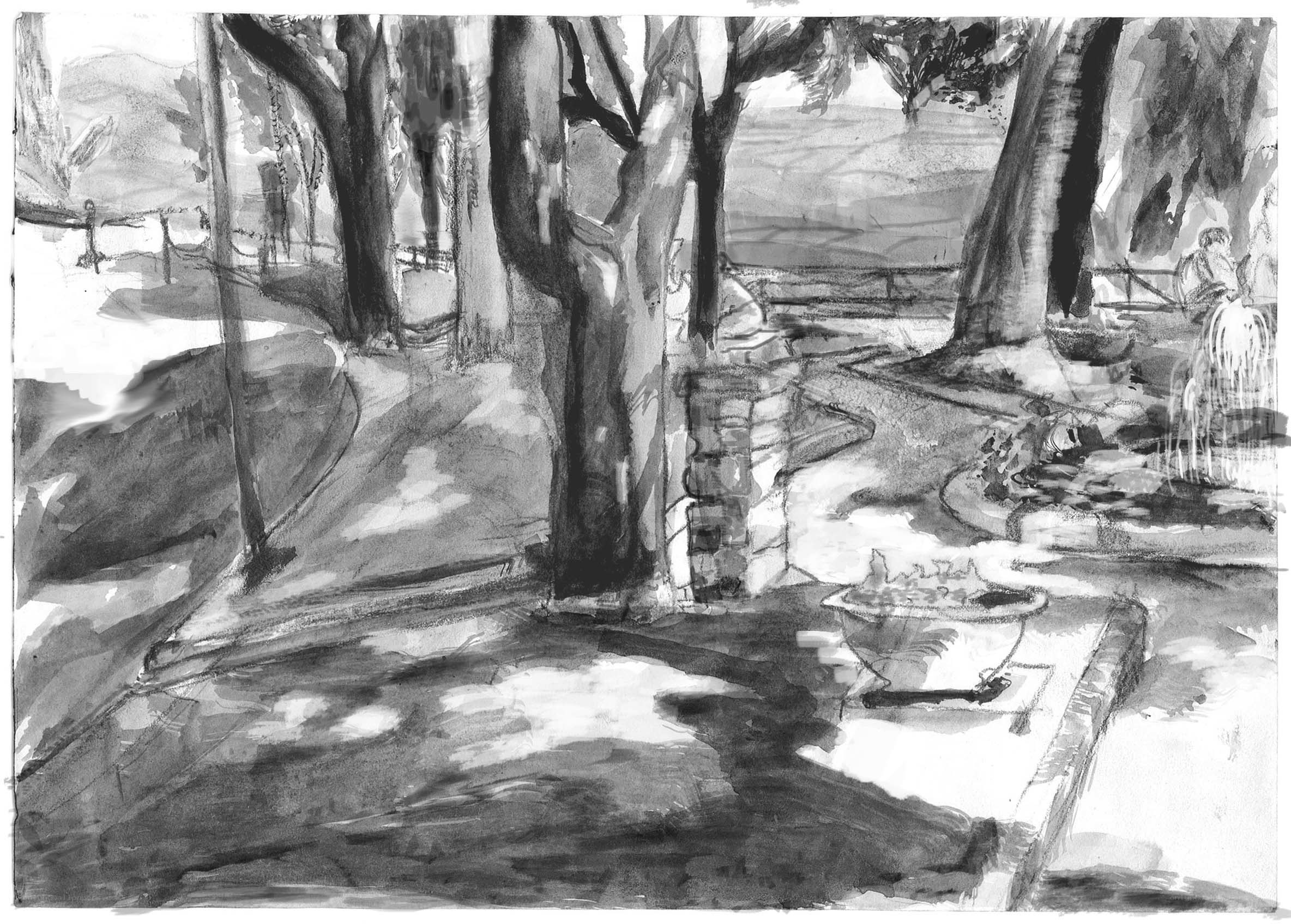 park sketch with fountain