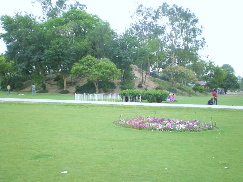 Park with flower bed and trees