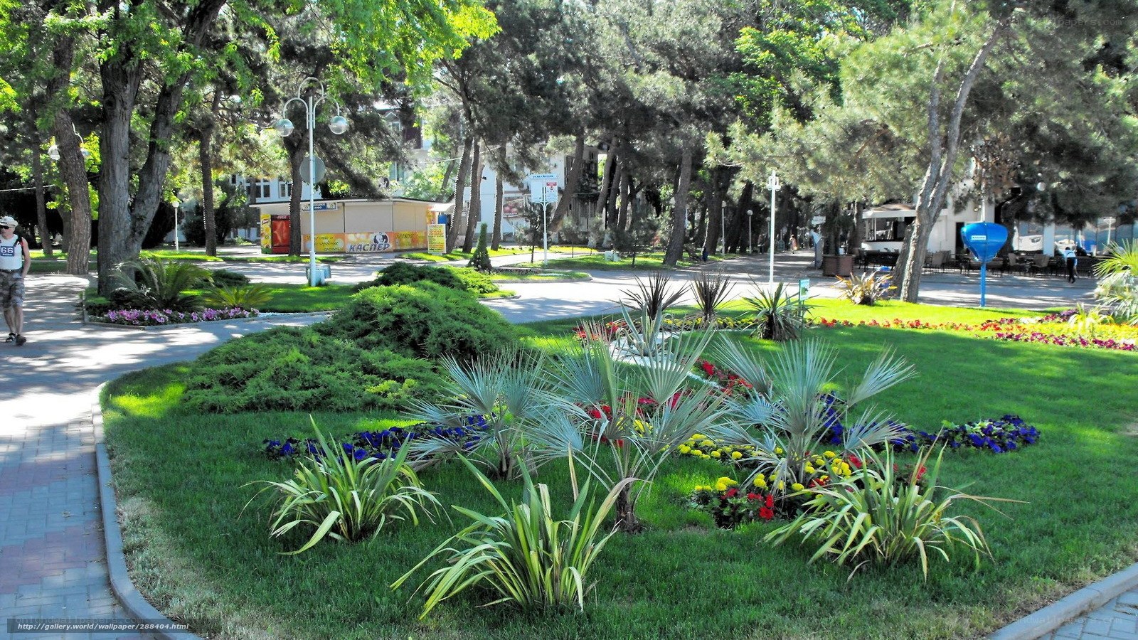 Park with flower beds and trees