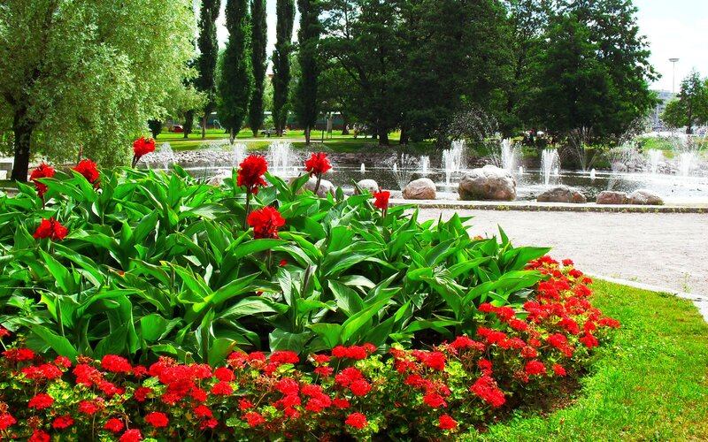 Park with fountain and flowers