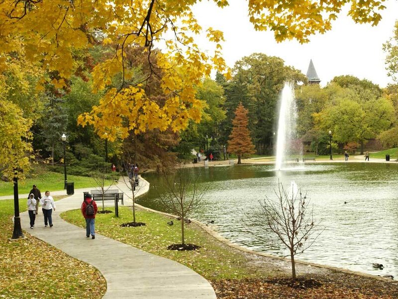 Park with fountain in autumn