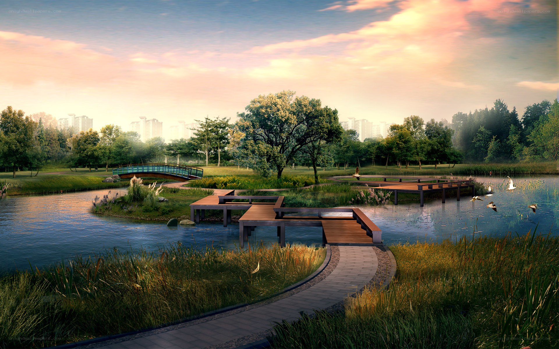 Park with lake and boardwalk