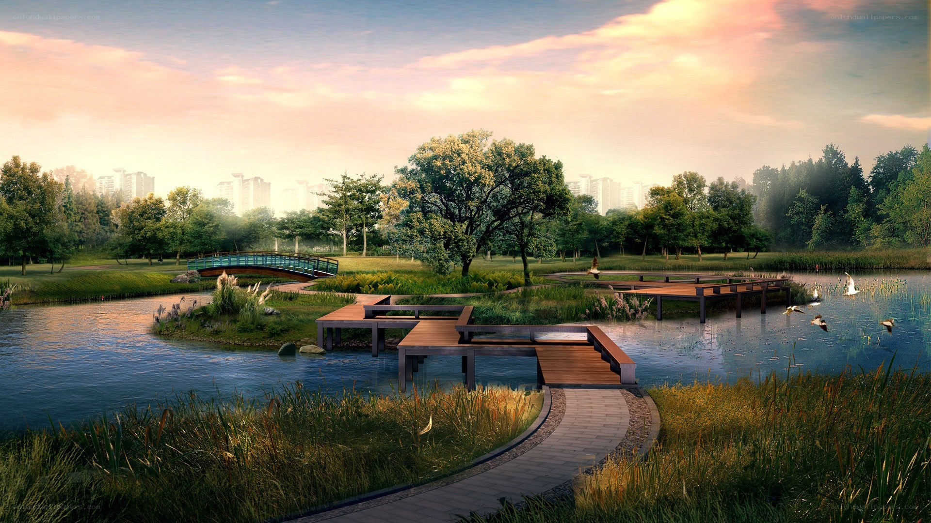 Park with lake and bridge
