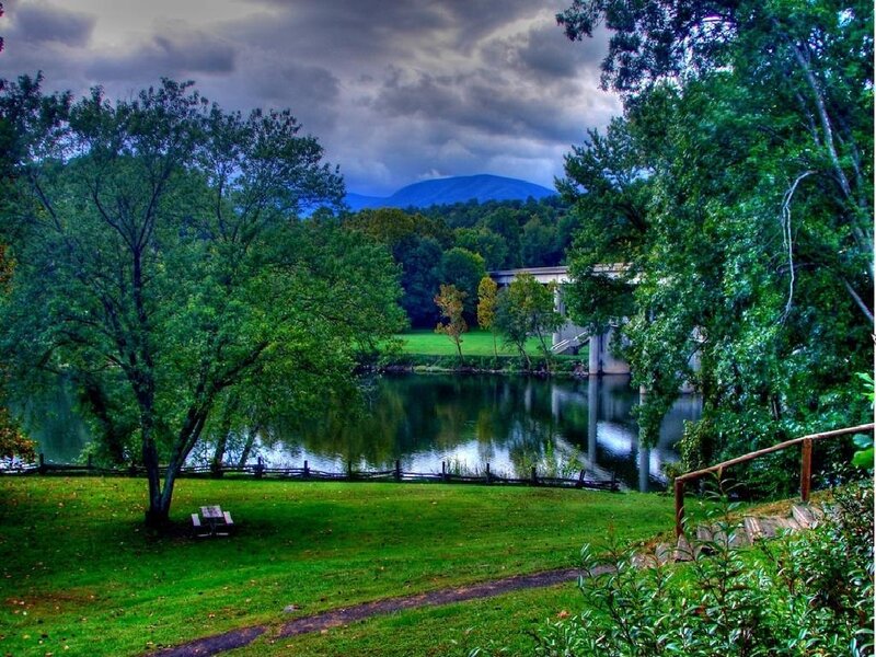 Park with lake and mountain view