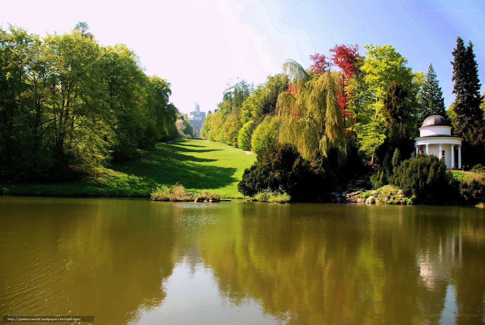 Park with lake and pavilion