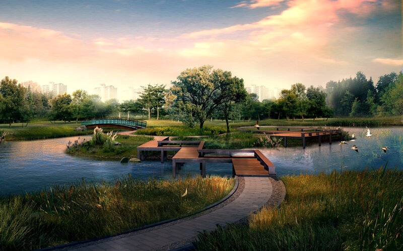 Park with lake and wooden docks