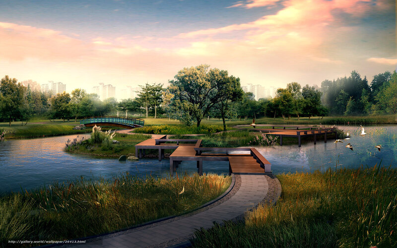 Park with lake and wooden docks