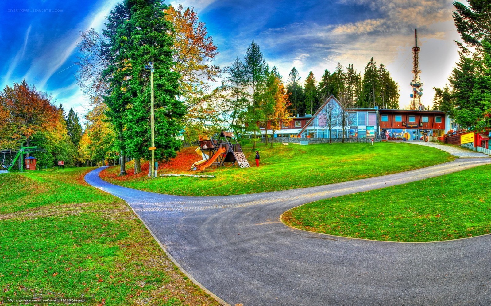 Park with playground and building