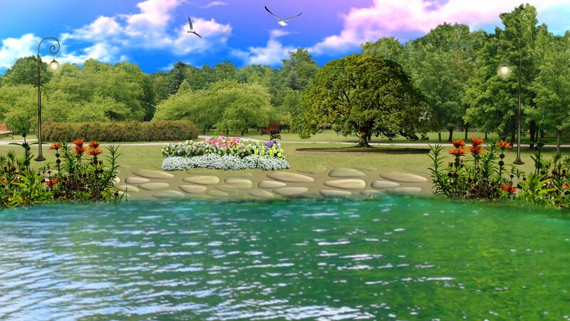 Park with Pond and Flowers