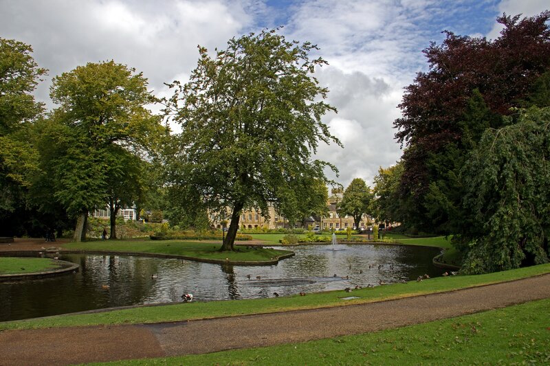 Park with pond and fountain