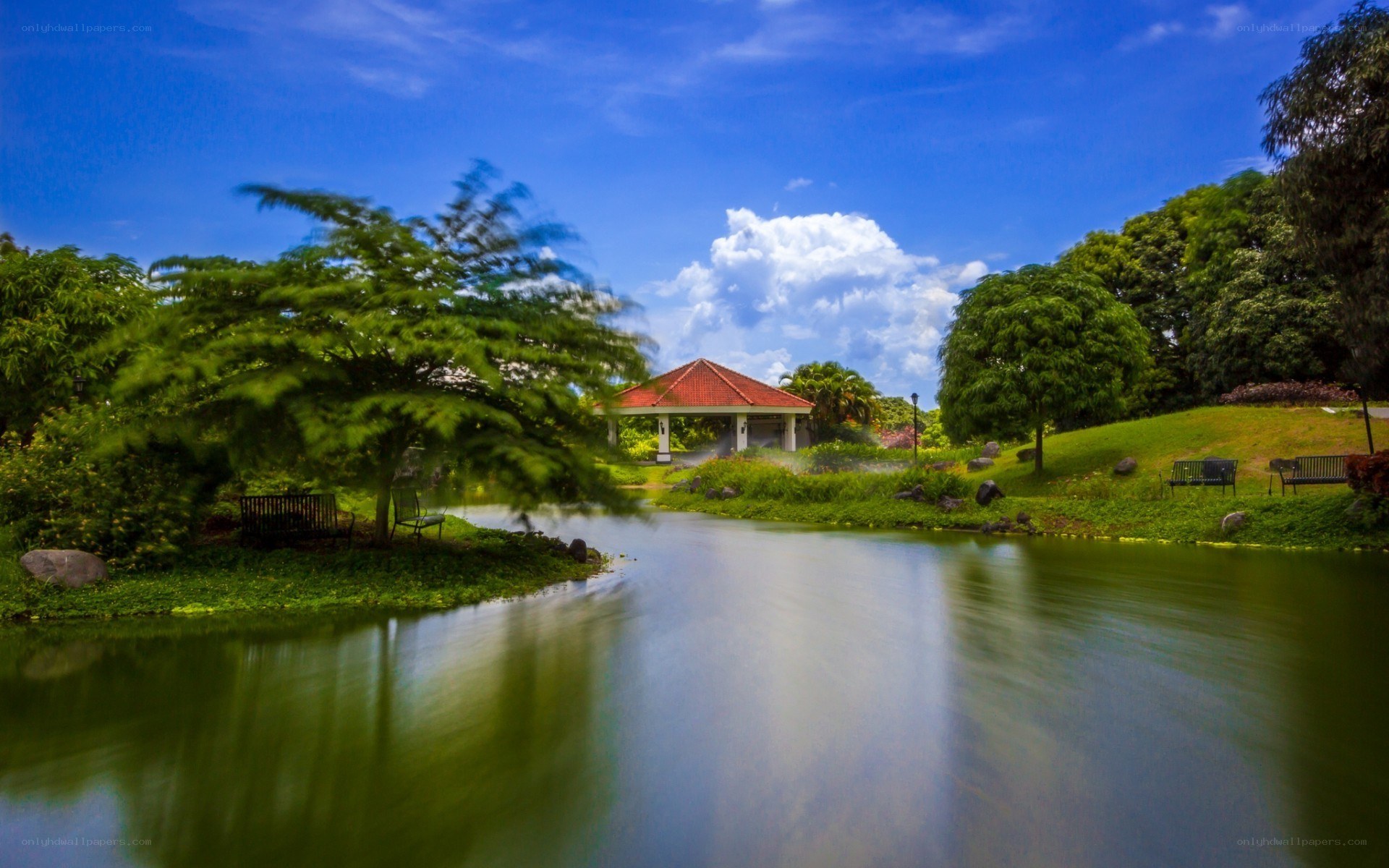 Park with pond and pavilion