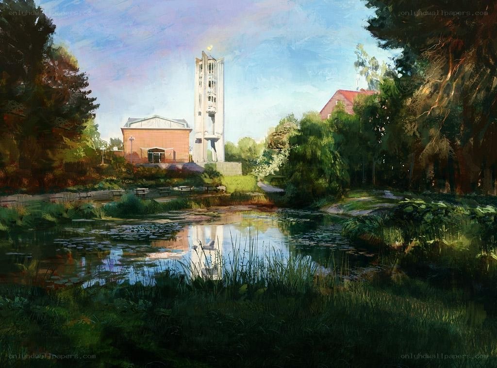 Park with pond and tower