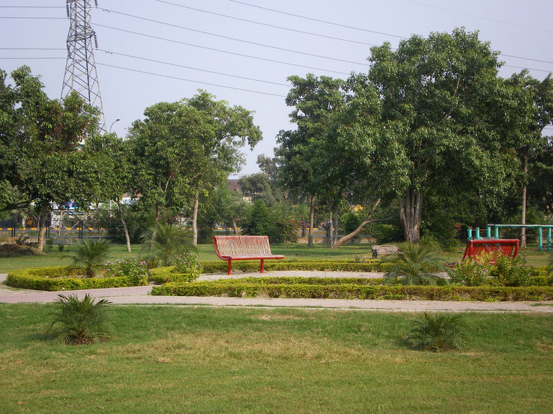 Park with red benches