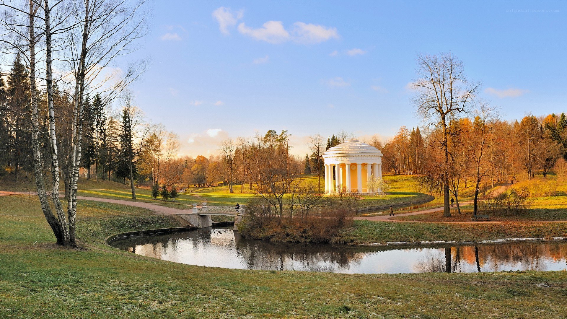 Park with temple and pond