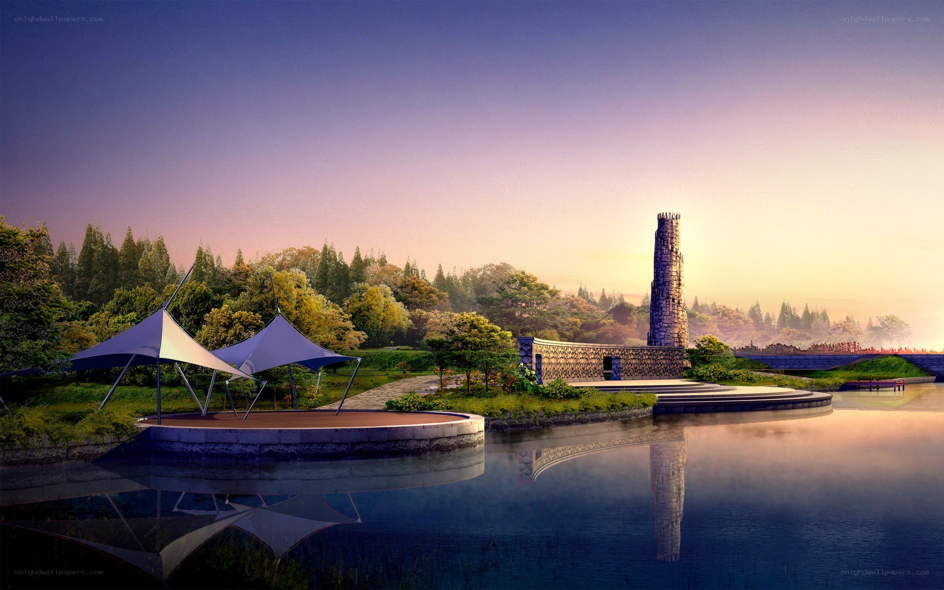Park with tower at dusk