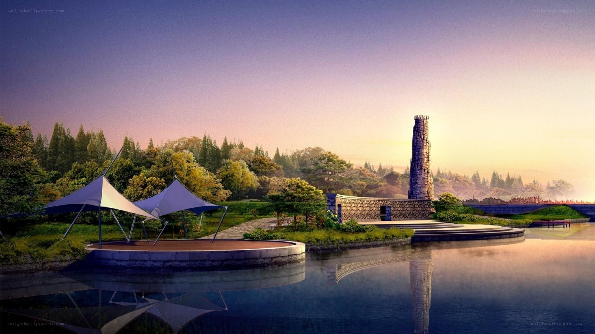 Park with tower at dusk