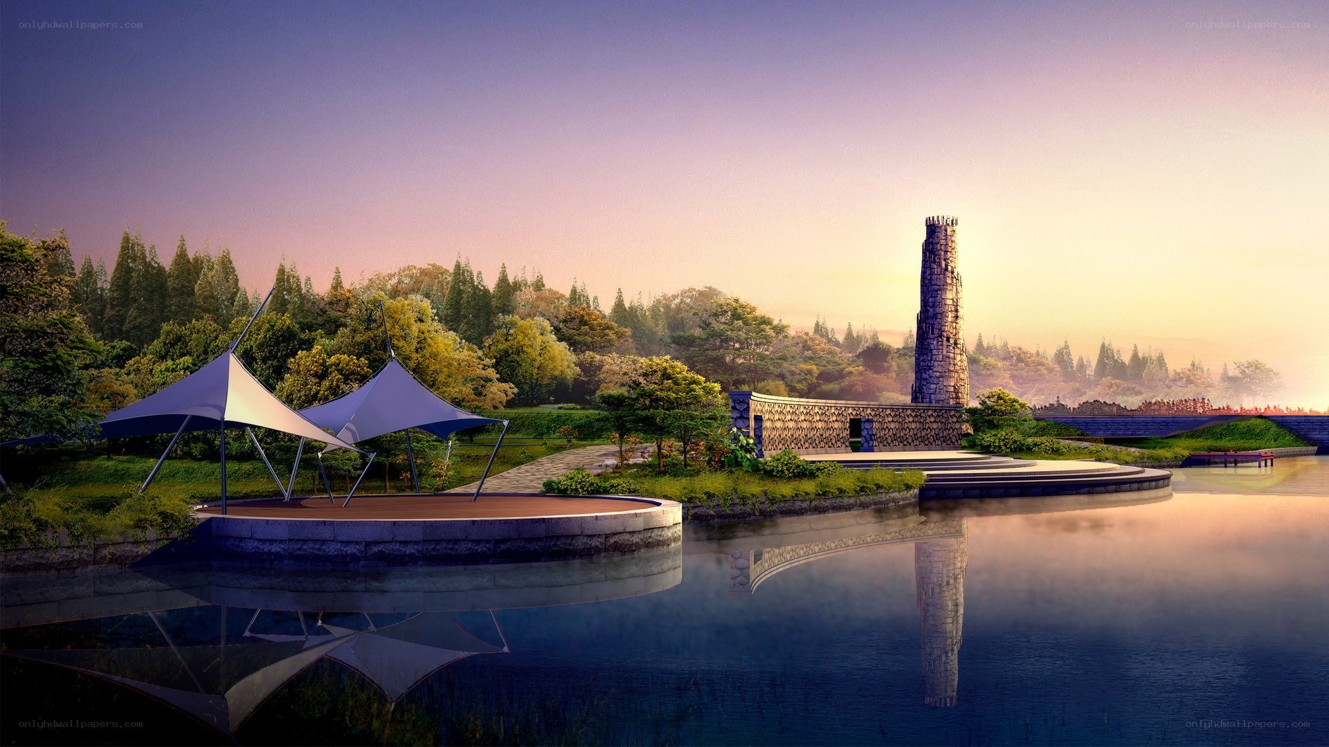 Park with tower at sunset