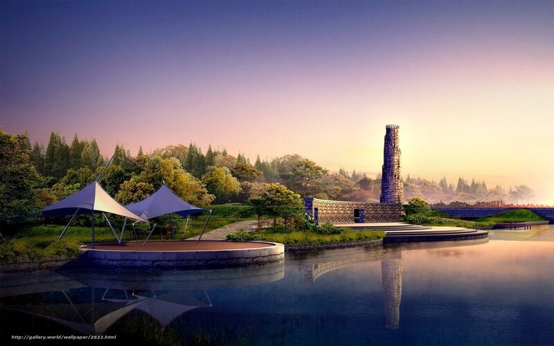 Park with tower at sunset