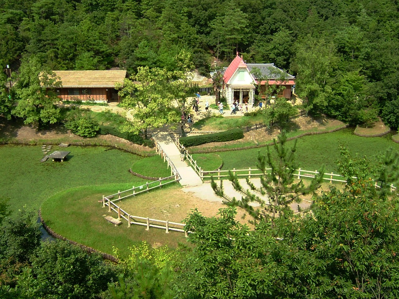 park with traditional buildings
