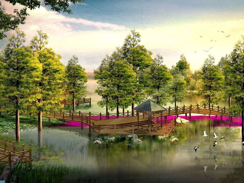Park with wooden bridge and gazebo