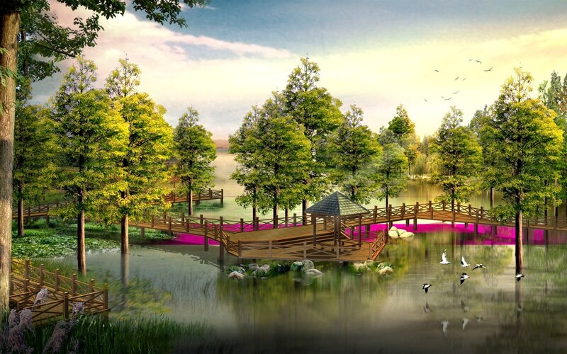 Park with wooden bridge and gazebo