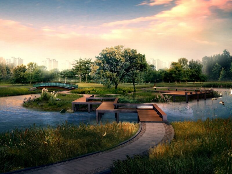 Park with wooden docks and bridge