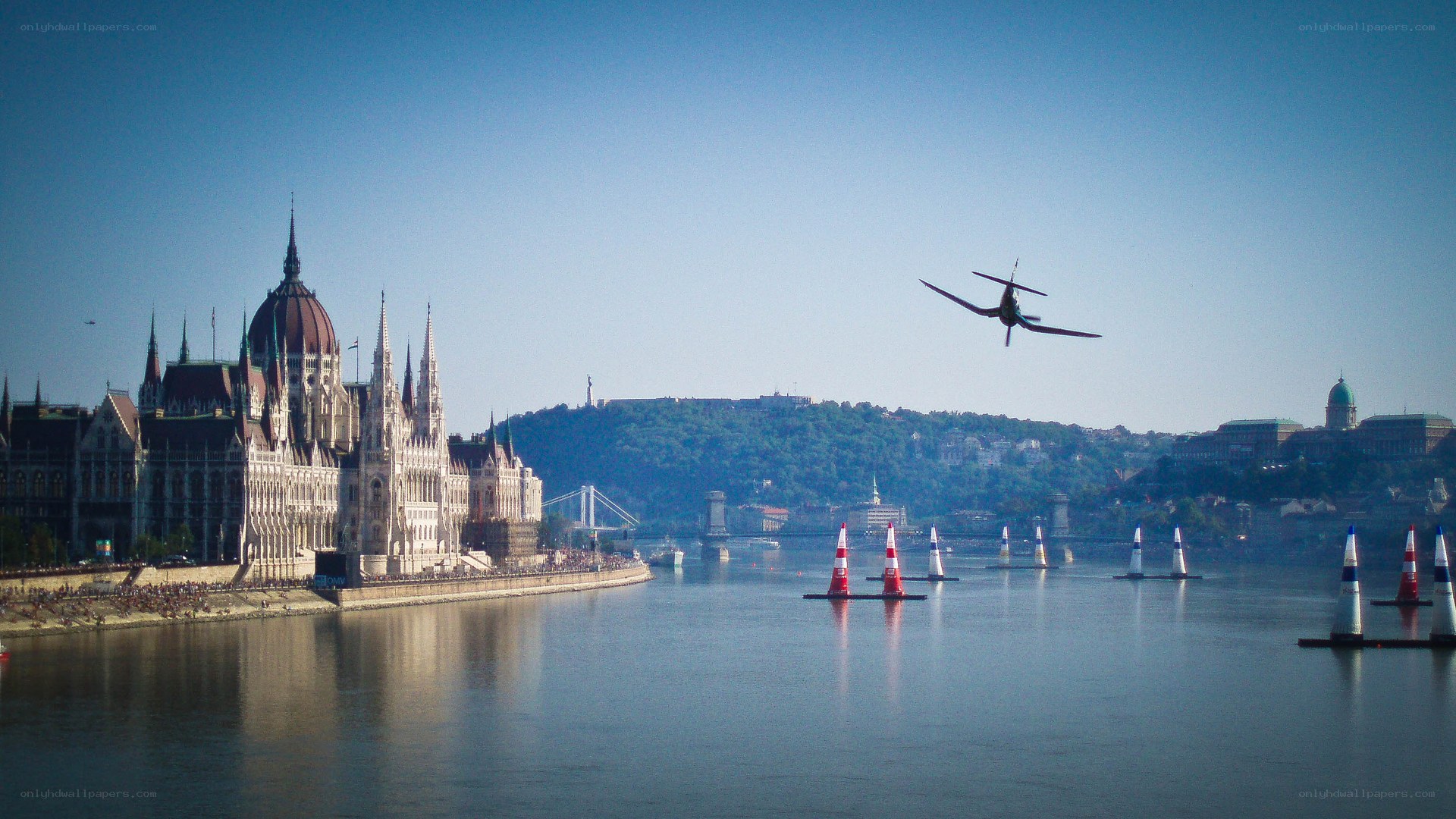 Parliament and plane over Danube