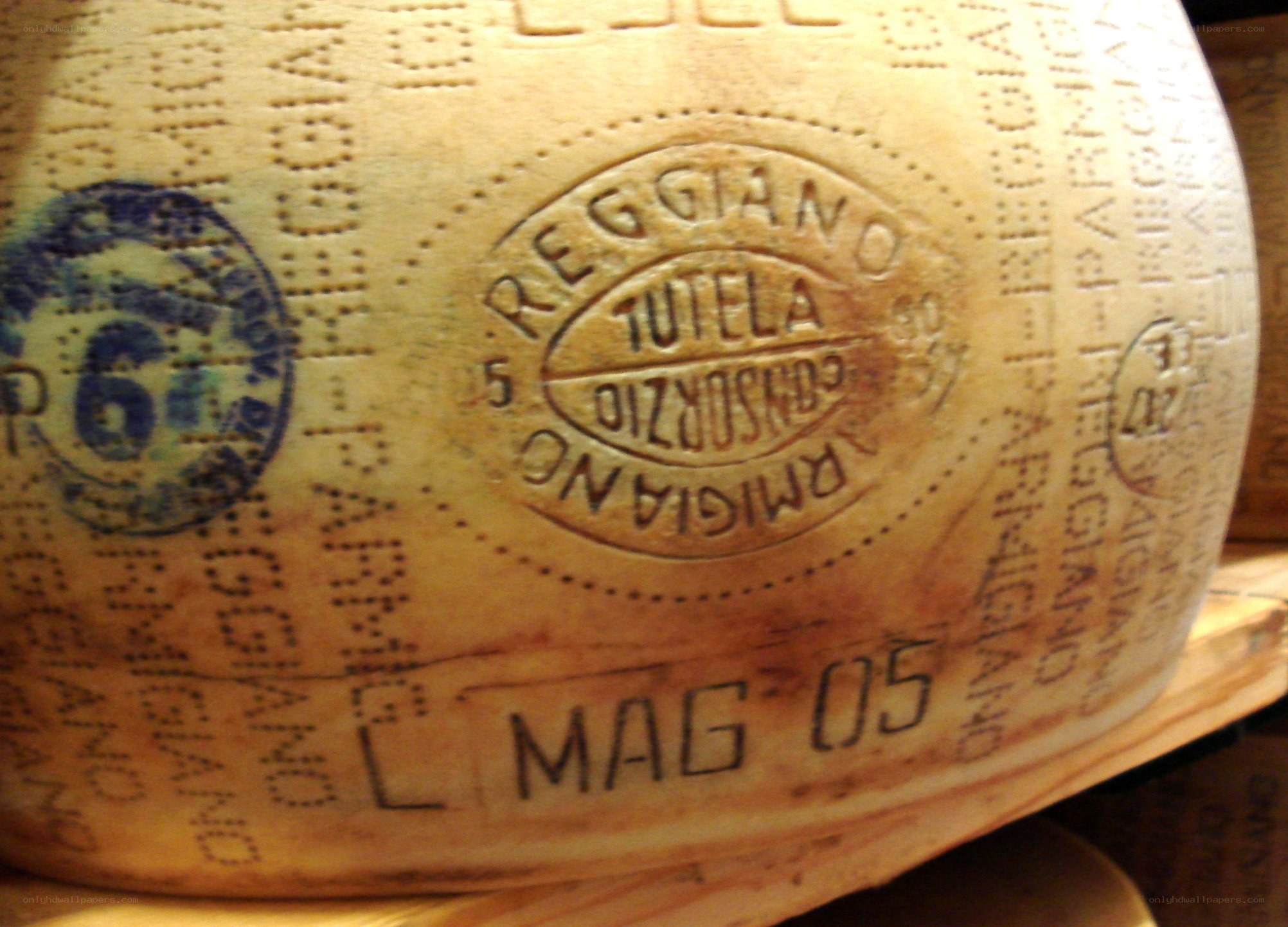 Parmesan cheese wheel with stamps