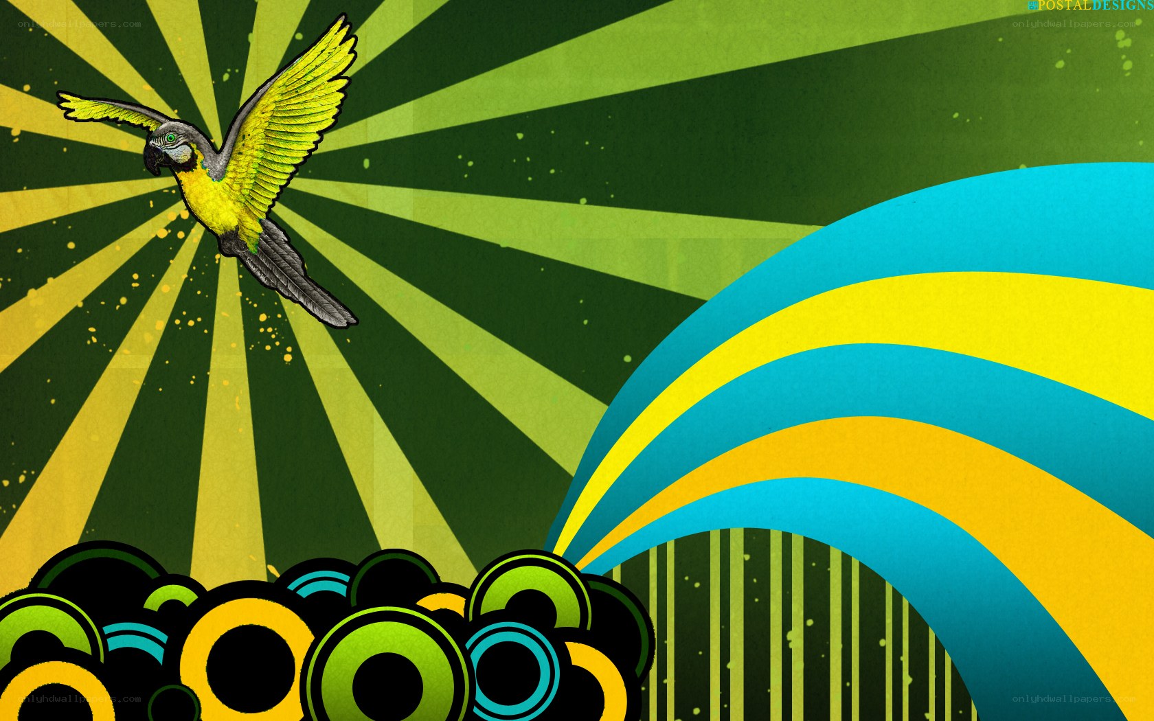 parrot flying over colorful shapes