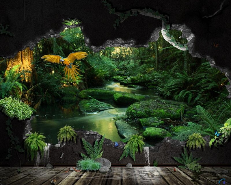 Parrot Flying over Stream — Green, Serene