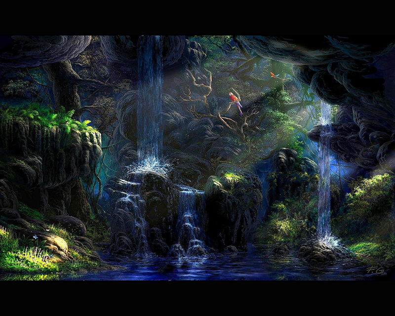 Parrot in Jungle Cave — Green, Dramatic, Night