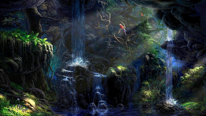 Parrot in Jungle Cave — Green, Mysterious