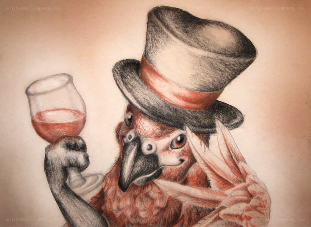 parrot in top hat with wine