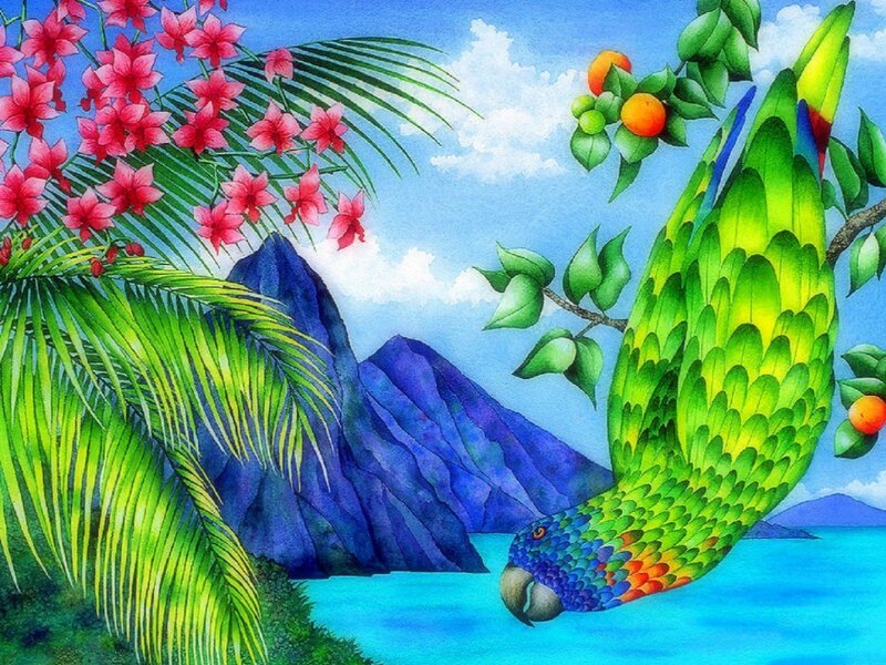 Parrot in Tropical Scene