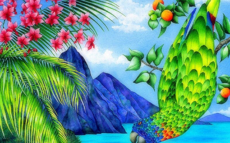 Parrot on a Branch — Green, Tropical