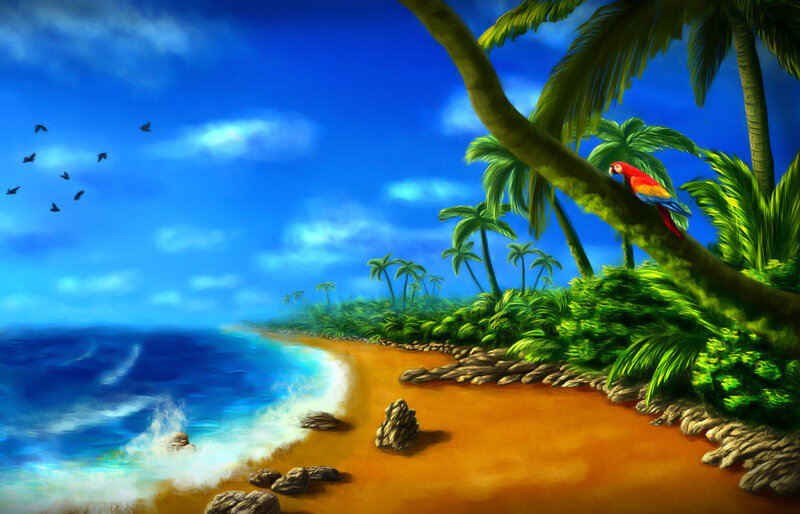 Parrot on Palm Tree — Blue, Serene