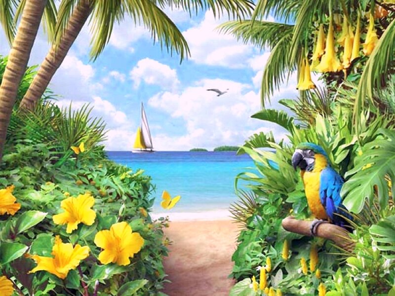 Parrot on Tropical Beach — Green