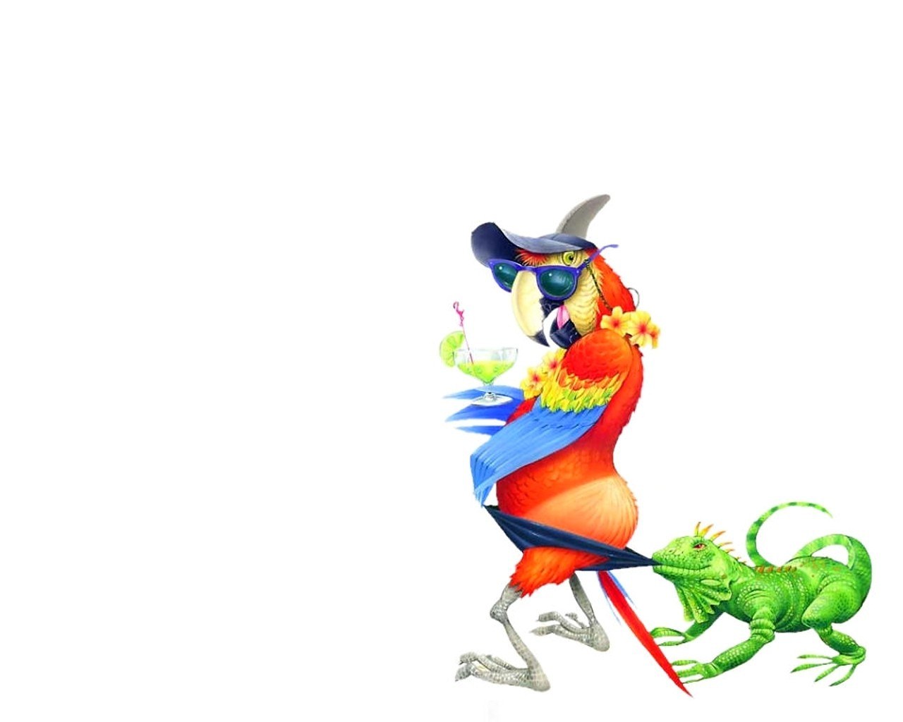 parrot with drink and lizard