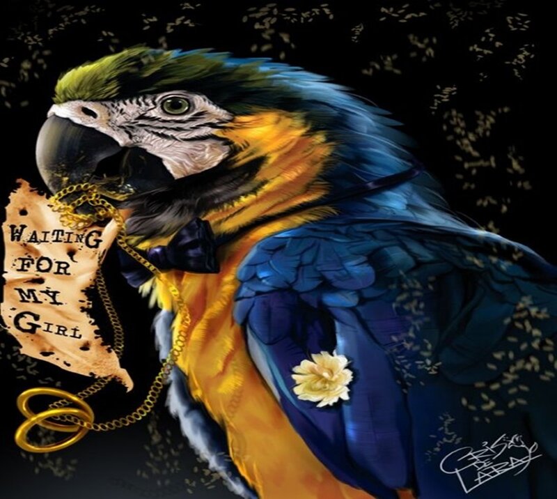parrot with sign waiting for girl