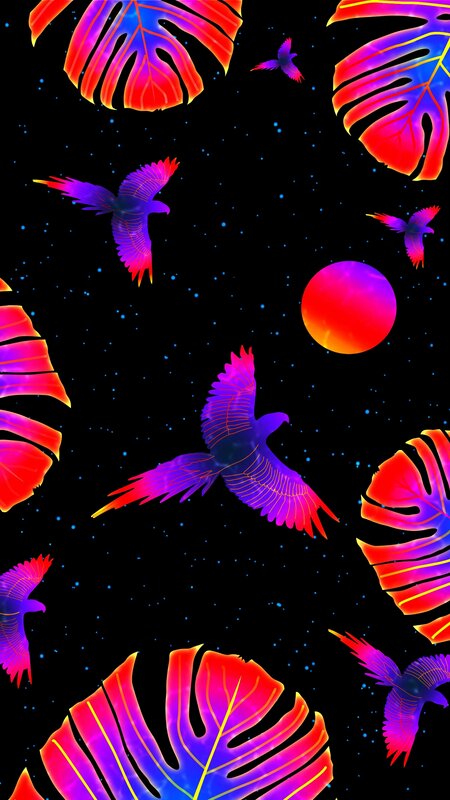 Parrots and Monstera Leaves
